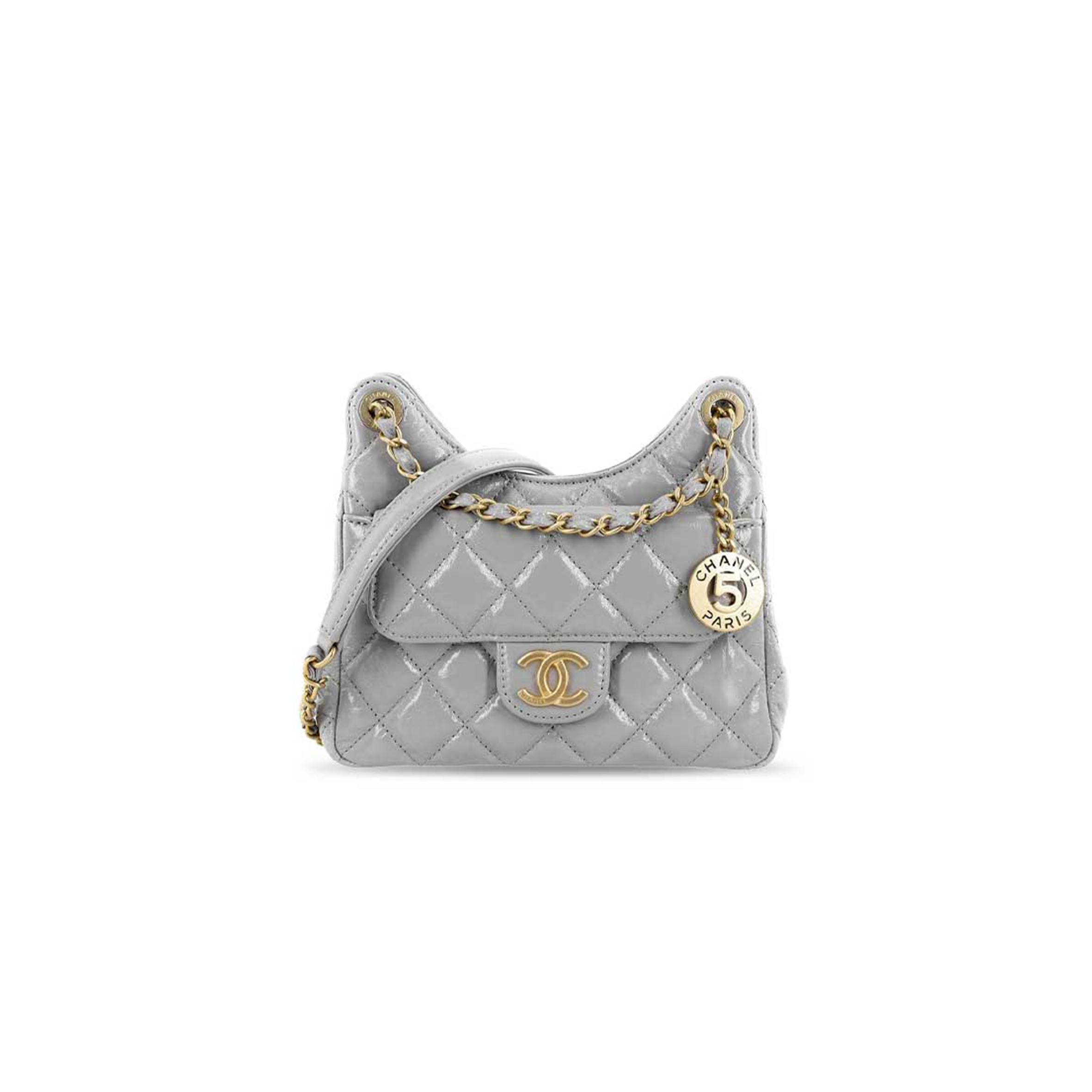 CHANEL SHINY CRUMPLED CALFSKIN QUILTED SMALL WAVY CC HOBO GREY AS4323 (19*17*6cm)